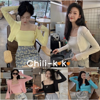 Chili_k❤️k❤️🌟 พร้อมส่ง🌟เสื้อไหมพรม 2 ชิ้น ร่องใหญ่ เสื้อคลุม+สายเดี่ยว อันยองมาก🍭😘 ( 7195-2 )