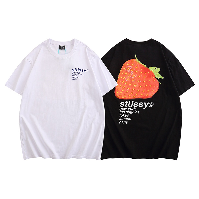 เสื้อยืดพิมพ์ลายแฟชั่นstussy-เสื้อยืดแขนสั้นลําลอง-ผ้าฝ้าย-พิมพ์ลายสตรอเบอร์รี่-3-มิติ-สไตล์สตรีท-แฟชั่นสําหรับผู้ชาย-แล