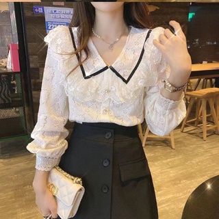 ราคาถูก เสื้อลูกไม้ใบบัวลดอายุผู้หญิงฤดูใบไม้ร่วงปี 2021 ใหม่เวอร์ชั่นเกาหลีของแฟชั่นป่าเสื้อเชิ้ตลูกไม้หลวมและบาง