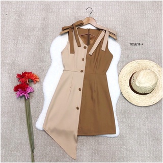 TW10561 Dress เดรสแขนกุด โบว์ไหล่ทูโทนงานผ้าซาร่า ชายยาว 1 ข้าง มีซิปหลัง พร้อมส่ง