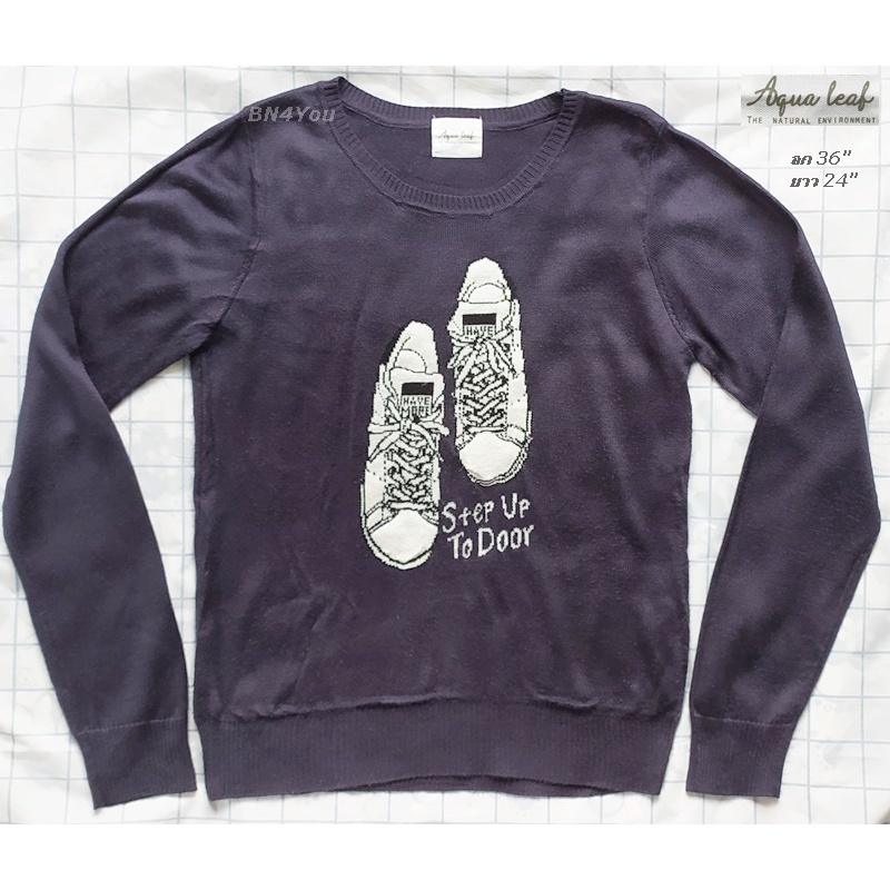 aqua-leaf-เสื้อสเวตเตอร์ไหมพรม-สีกรมท่าทอลาย-ไซส์-36-40-มือสอง-สภาพใหม่มาก-unisex