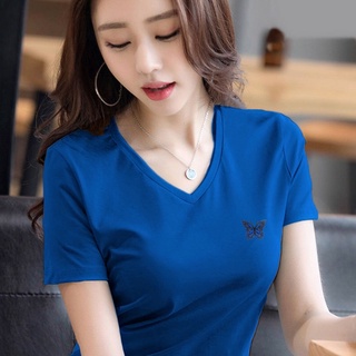 95ผ้าฝ้ายปักเสื้อ bottoming 2021ฤดูใบไม้ผลิและฤดูร้อนใหม่คอวีแขนสั้นเสื้อยืดหญิงเกาหลีเสื้อป่าขนาดใหญ่เสื้อยืด