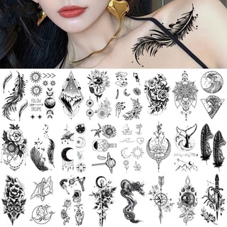 【Magic Tattoo】รอยสักชั่วคราว กันน้ํา ติดทนนาน ลายดอกไม้ ขนนก สีดํา