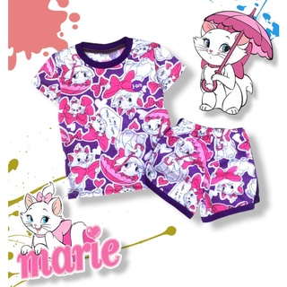 09 ชุดเซ็ตเด็ก ชุดนอนเด็ก ผ้าพิมพ์ลายการ์ตูน แมวมาลี ร่ม สีชมพู สีม่วง (เสื้อยืดแขนสั้น + กางเกงขาสั้น) แฟชั่น ชุดเด็ก