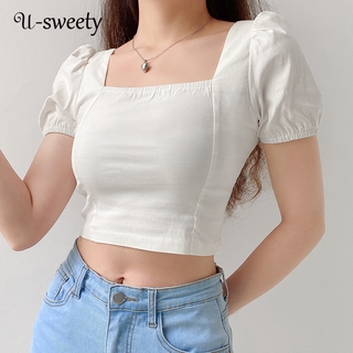 สินค้า U - Sweety เสื้อครอป แขนสั้น คอสี่เหลี่ยม สีพื้น สําหรับผู้หญิง