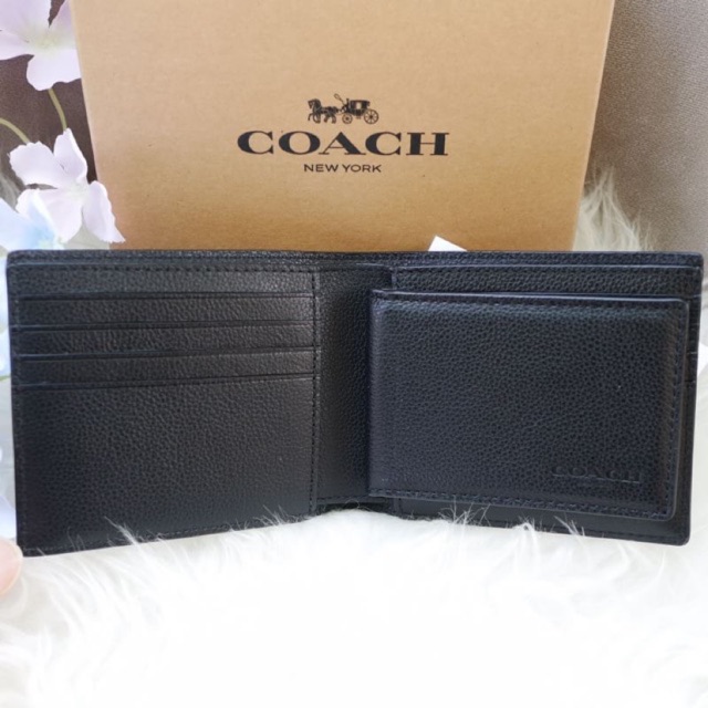 ผ่อน0-กระเป๋าสตางค์-ชาย-แบบมีไส้-coach-compact-id-wallet-f74991-หนังแท้-สีดำ-มีไส้