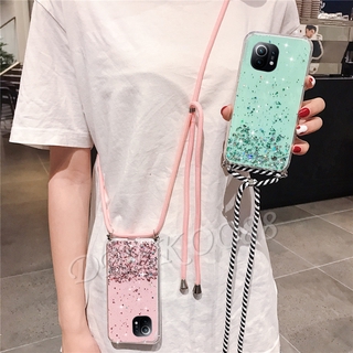 เคสโทรศัพท์ Xiaomi Mi 11 / Mi 10T / Mi 10T Pro Phone Case Style Lanyard Bling Glitter Sequins Transparent TPU Soft Cover With Shoulder Strap เคส Mi11 Casing