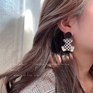 925 silver needle leather diamond checkerboard bear earrings Japanese and Korean style cute earrings soft girl personali