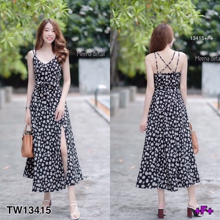 TW13415 Maxi dress สายเดี่ยวลายดอกเดซี่ สายไขว้ด้านหลัง ผ่าด้านหน้า มีซิปซ่อนด้านข้าง มีโบว์ผูกเอว งานผ้าไหมญี่ปุ่น