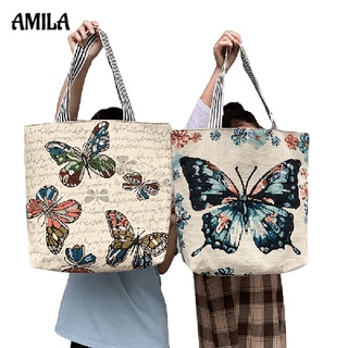 Amila กระเป๋าผ้าแคนวาส อเนกประสงค์ จุของได้เยอะ แบบเรียบง่าย แฟชั่นสําหรับสตรี