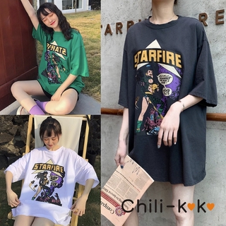 Chili_k❤️k❤️ 0012 เสื้อยืดแขนสั้น เสื้อผ้าเกาหลีผู้หญิง เสื้อแฟชั่นสาวอวบ สกรีนลาย โอเวอร์ไซส์ เสื้อทรงใหญ่