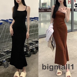 Bigmall- ชุดเดรสยาว แขนกุด สายเดี่ยว แบบบาง สีพื้น แฟชั่นฤดูใบไม้ผลิ และฤดูร้อน สําหรับผู้หญิง