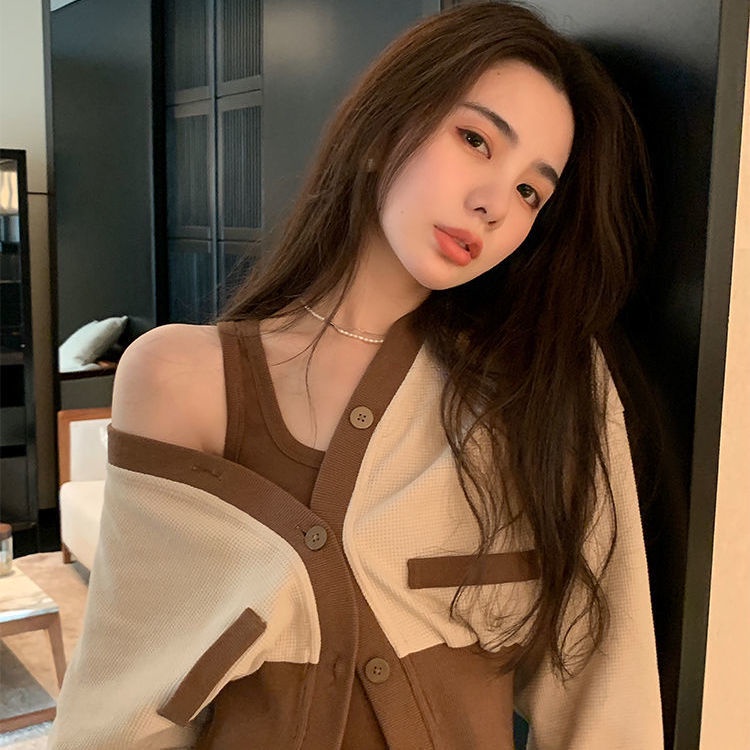 เสื้อผ้าแฟชั่น-new-เสื้อคลุมตัวสั้นแขนยาว-เดรสสั้นสลิงทรงหลวม-สูทสองชิ้น