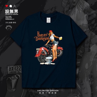 ชุด unbounded Harley รถจักรยานยนต์ล้างรถสาวแขนสั้นเสื้อยืดผู้ชายและผู้หญิงแฟชั่นยุโรปและอเมริกาผ้าฝ้ายฤดูร้อนความเห็นอกเ