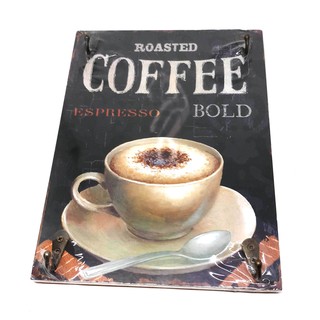 แผ่นไม้พร้อมตะขอแขวนกุญแจติดผนังภาพ Retro แก้วกาแฟ Roasted Coffee Espresso Bold ใช้แขวนหมวก เน็คไท หรือของใช้ต่างๆ