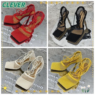 Clever รองเท้าส้นสูง ผ้าตาข่าย แบบผูกเชือก ทรงสี่เหลี่ยม หลากสี แฟชั่นสําหรับผู้หญิง