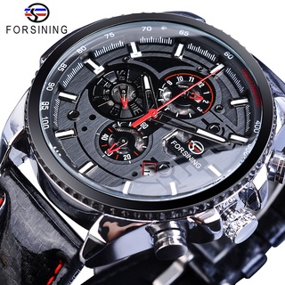 Forsining Watch Men Sport Mechanical Wristwatch Automatic Self-Wind Clock Date 3 Dials Shiny Leather Business Waterproof