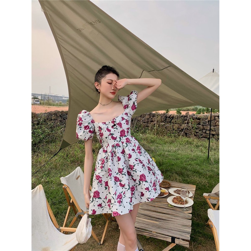 hot-sale-campanulaceae-first-love-tea-break-french-niche-พัฟ-sleeve-french-retro-rose-gentle-sweet-floral-dress-women