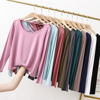 พร้อมส่ง เสื้อยืดลําลอง ผ้าฝ้าย แขนยาว คอกลม เปิดหลัง ทรงหลวม พลัสไซซ์ สไตล์เกาหลี สําหรับสตรี