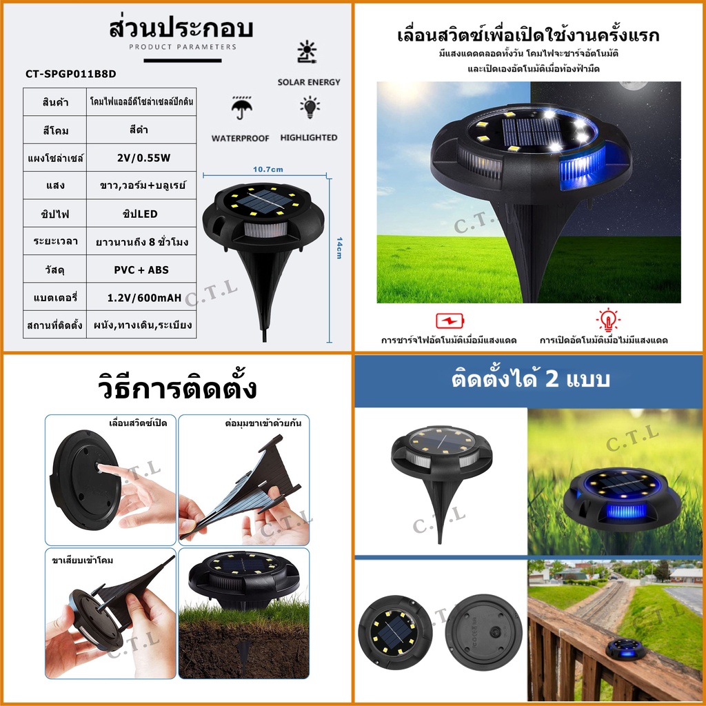 ไฟปักสนาม-ไฟปักทรงกลม-8-12led-โคมไฟตกแต่งสนามหญ้า-ไฟ-led-ฝังพื้นไฟโซล่าเซลล์-ไฟตกแต่งสวน