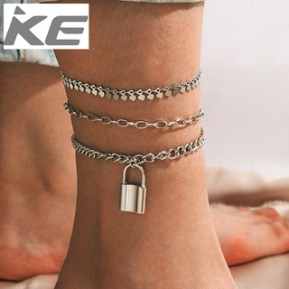 Exaggerated jewelry Lock chain anklet three-piece set Silver geometric anklet combination set