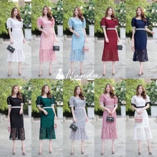 Fashion YoungDress เดรสคอเหลี่ยมแขนสั้น ผ้าลูกไม้  มีซับใน016