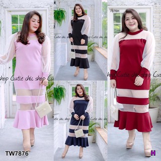 Dress #Bigsize เดรสคอกลมแขนยาวแต่งผ้ามุ้งซีทรู TW7876