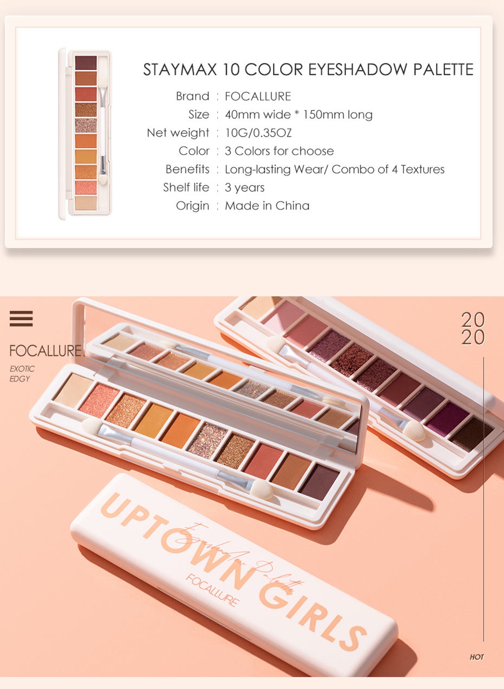 ข้อมูลเพิ่มเติมของ FOCALLURE พาเลตต์อายแชโดว์ กันน้ำ 10 สี พร้อมแปรง และกระจกสองชั้น