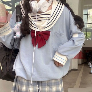 🔥Ready stock！ ฤดูใบไม้ร่วงวิทยาลัยญี่ปุ่นสาวนุ่มน่ารักหมีเย็บลายกรมท่าคอเกาหลีหลวมเสื้อนักเรียนเสื้อกันหนาว