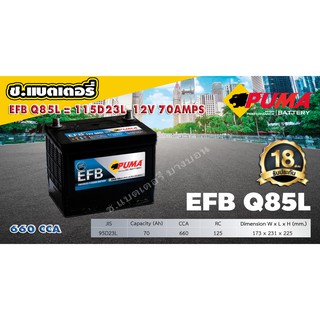 แบตเตอรี่ PUMA EFB 95D23L ( Q85L )  65AMPS 660CCA