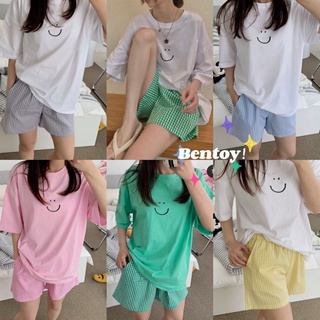 สินค้า Bentoy*ชุดนอนใ่ส่ไปนอกบ้านได้ลายหน้ายิ้มกางเกงลายสก็อตน่ารัก(ขาสั้น)