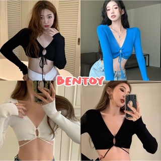 Bentoy(B101)เสื้อครอปไหมพรม แขนยาว ผ้าทอร่อง ดีเทลเชือกรูดหน้าอก แซ่บๆสไตล์สายฝอ