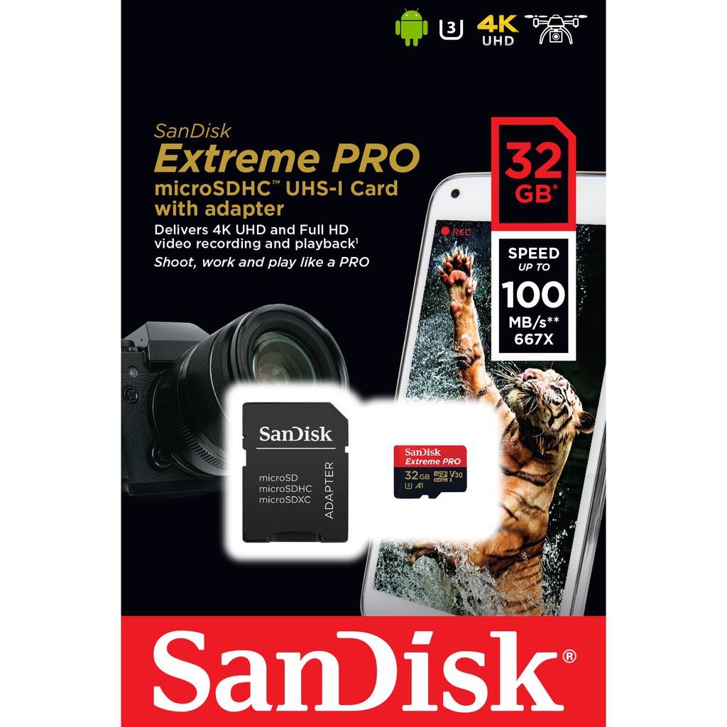 ภาพหน้าปกสินค้าSanDisk Extreme Pro microSD 32/64/128/256 GB ความเร็ว อ่าน 100MB/s เขียน 90MB/s กันน้ำ กันกระแทก ทนทานต่อทุกอุณหภูมิ จากร้าน dji_official_store บน Shopee