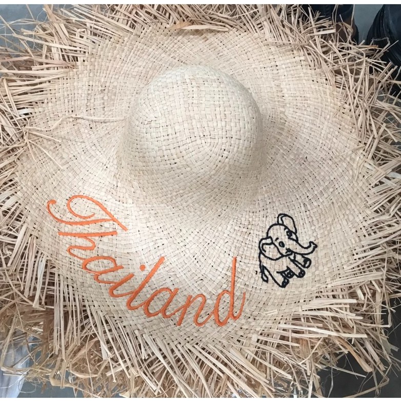 หมวกสานปีกกว้างใส่เที่ยวทะเล-ปักช้างthailand-พร้อมส่ง-e011