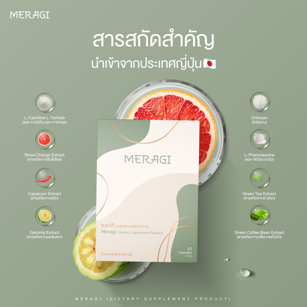 meragi-กล่องเขียว-ผลิตภัณฑ์อาหารเสริมควบคุมน้ำหนัก-สารสกัดสำคัญนำเข้าจากญี่ปุ่น