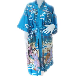 เสื้อคลุม สไตล์กิโมโนลาย เกอิชา (ผู้หญิงญี่ปุ่น) ผ้าซาติน เนื้อนุ่ม สวยสด / สีฟ้า