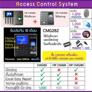 สินค้า CMG282 บันทึกเวลาและเปิดประตูด้วยลายนิ้วมือ ทาบบัตร รหัสผ่าน รองรับ 1,000 ผู้ใช้ รับประกันนาน 18 เดือน มีคู่มือภาษาไทย