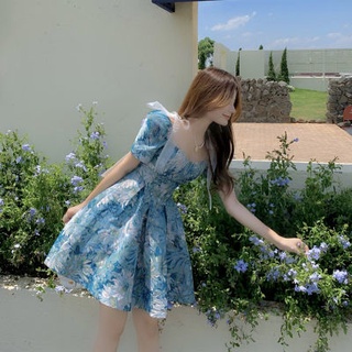 🔥Hot sale/Blue Floral Dress Womens New Design Light Luxury Palace Oil Painting Temperament Waist Puffy Short Skirt