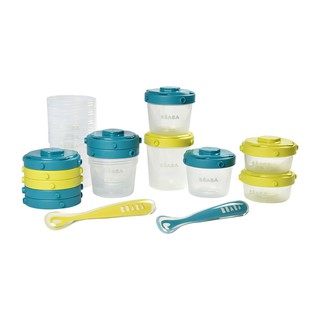 BEABA  กระปุกเก็บอาหารสูญญากาศ 1st meal set - Set of clip portions + 1st age silicone spoons - neon/blue