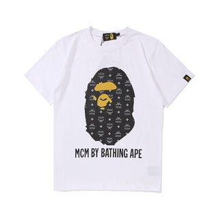 Hot-Sale trend brand BAPE x M C M joint shark head T-shirt เสื้อยืดผ้าฝ้าย