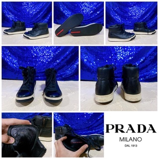 👞: PRADA Black Leather Sport Sneakers String Shoes แท้💯%