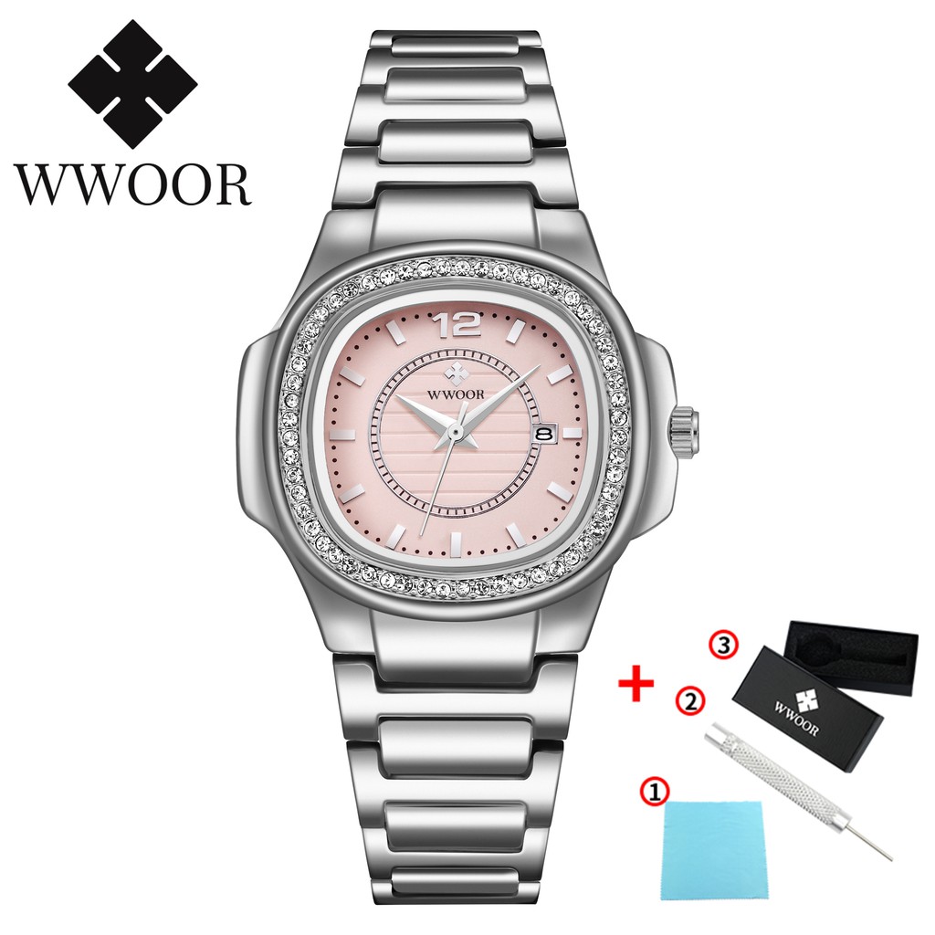 ภาพสินค้าWWOOR นาฬิกาข้อมือผู้หญิงแท้นาฬิกากันน้ำหรูสีชมพูนาฬิกาสายสแตนเลสสีโรสโกลด์ 8874 จากร้าน wwoor.th บน Shopee ภาพที่ 3