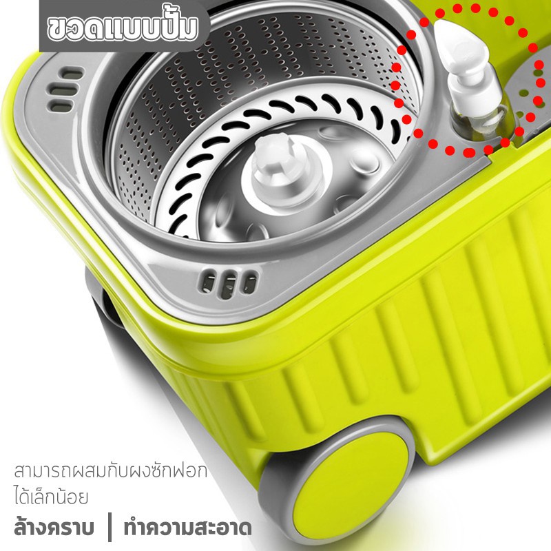 ไม้ถูพื้น-ชุดไม้ม็อบ-spin-mop-ไม้ม๊อบถูพื้นพร้อมถังปั่น-ไม้ถูพื้นสแตนเลส-มีช่องปล่อยน้ำทิ้ง-ถังปั่นแห้ง-หมุนได้-360-องศา