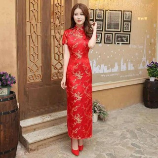 Chinese Traditional Costumes High Fashion Red Satin Long-sleeved Cheongsam Retro High Quality Womens Dress Cheongsam