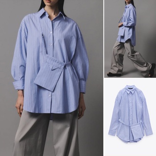Zara เสื้อเบลาส์ 22 สไตล์ฝรั่งเศส ฤดูใบไม้ร่วง ใหม่ พร้อมกระเป๋าเข็มขัด เสื้อเชิ้ต ลายทาง หลวม ลําลอง เข้ารูป ดูแฟชั่น4661137