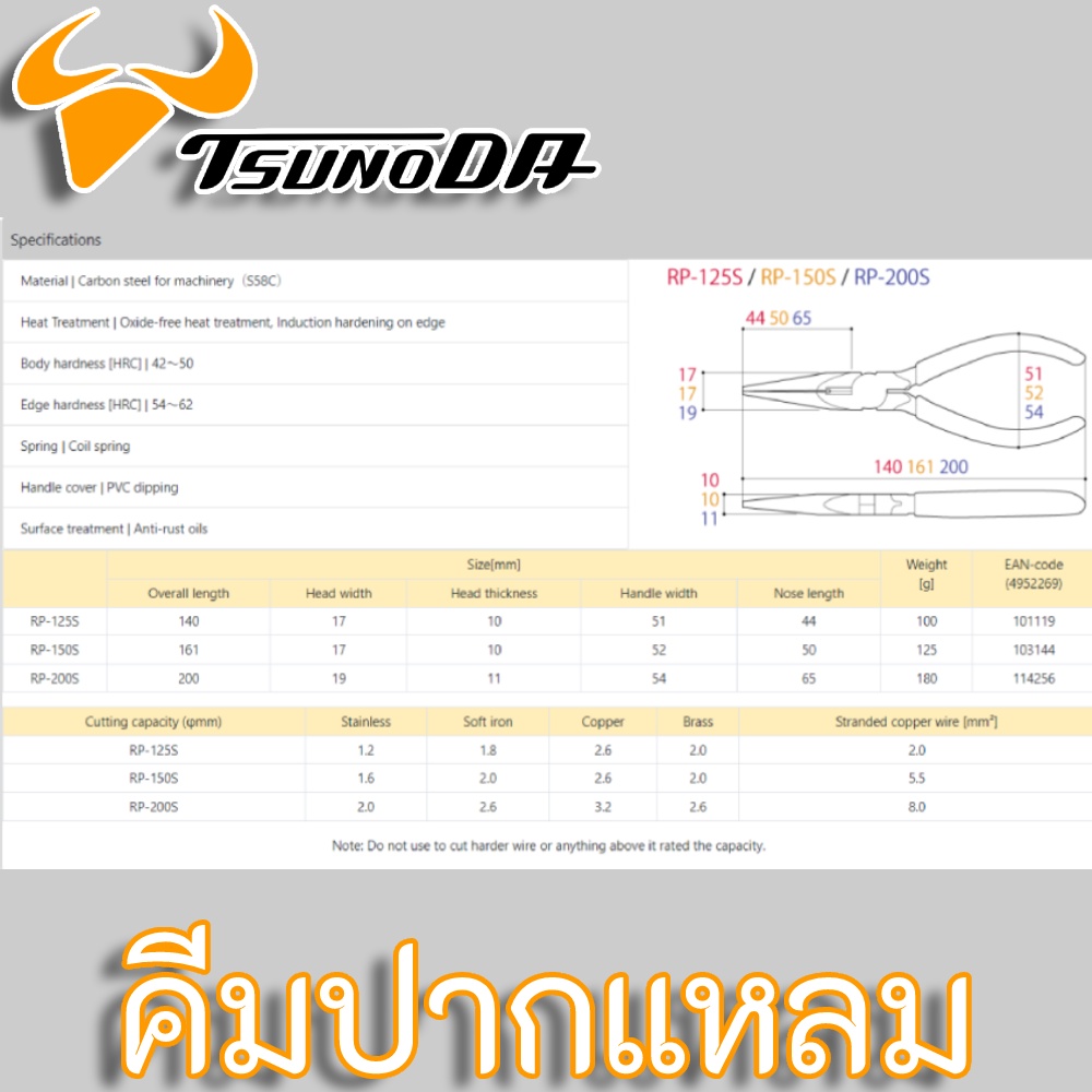 tsunoda-คีมปากแหลม-125mm-rp-125s-150mm-rp-150s-200mm-rp-200s-longnose-pliers