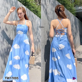 TW17095 แมกซี่เดรส น้องก้อนเมฆ น่ารักสดใสมากค้า ร้อยเชือกด้านหลัง ซิปหลัง+ยางยืด เนื้อผ้าไหมอิตาลี่