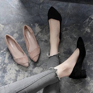สินค้า Fashion Girl\"แฟชั่น สไตล์เกาหลี  รองเท้าส้นสูง ส้นตันรองเท้าส้นสูง  หัวแหลมปากตื้น ทำจากวัสดุหนังกลับเนื้อนุ่ม