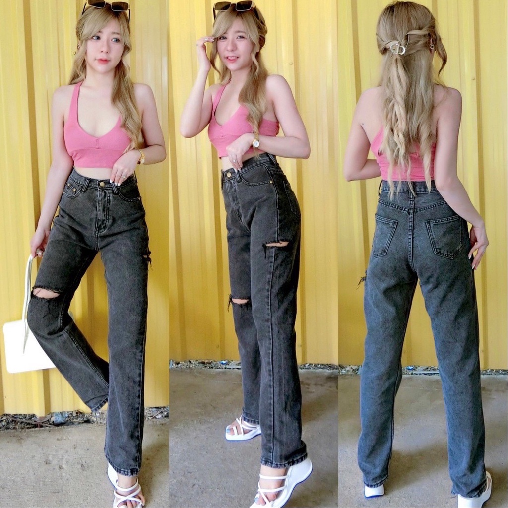 ภาพหน้าปกสินค้าCc jeans 109 กางเกงยีนส์ผู้หญิง ทรงกระบอก เอวสูง แต่งขาดสีเซอร์