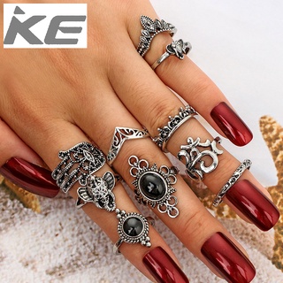 Jewelry Vintage hollow carved elephant palm crown water drop black gemstone 10-piece ring for